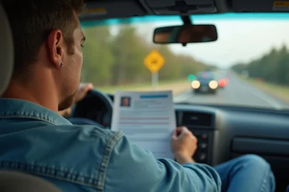 Conducteur inquiet consultant des documents sur la suspension de permis de conduire