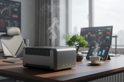 PC fanless sur un bureau avec accessoires technologiques