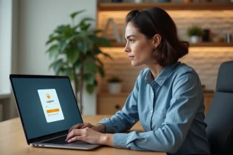 Femme accédant à un extranet professionnel sur son ordinateur portable depuis un bureau à domicile