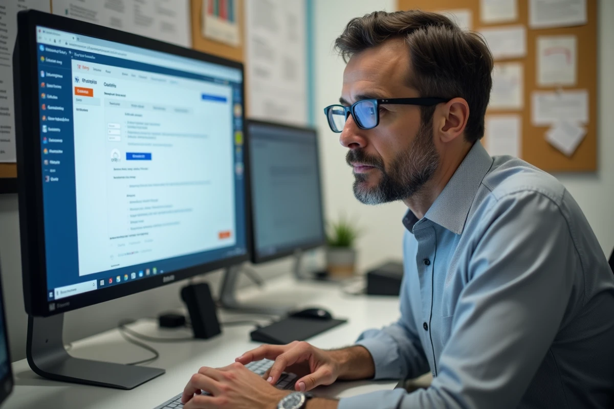 Employé de l'Éducation Nationale accédant à ses fiches de paie en ligne sur un ordinateur de bureau