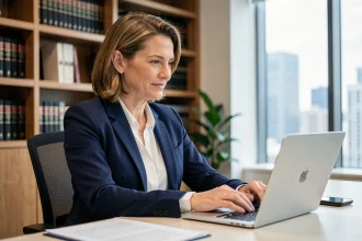 Femme professionnelle utilisant une plateforme juridique en ligne pour accéder à des services juridiques simplifiés