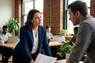 Femme en reconversion professionnelle lors d'un entretien de bilan de compétences avec un conseiller en orientation dans un espace de coworking moderne