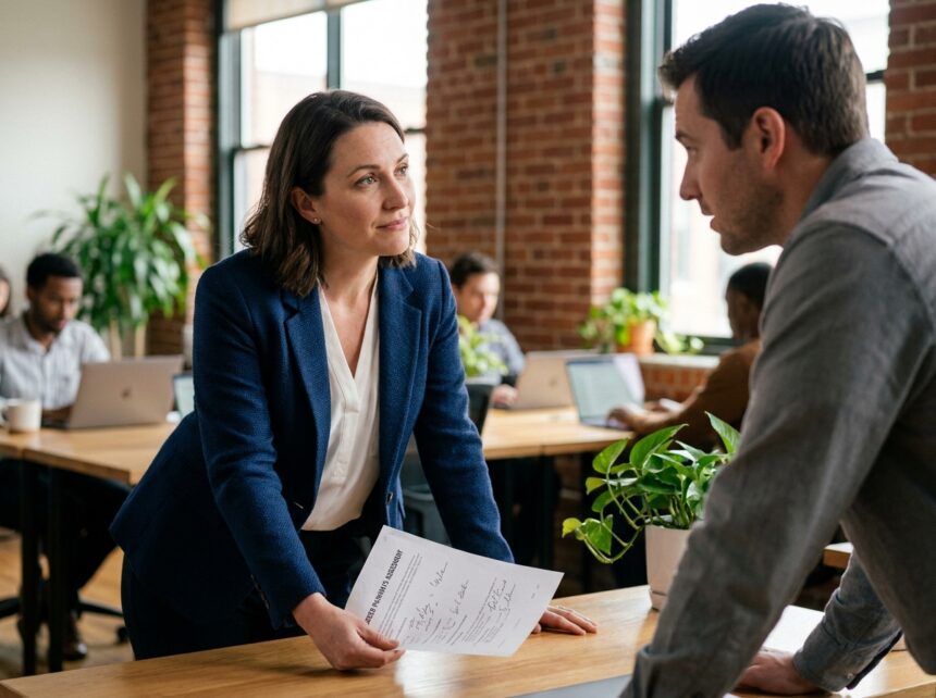 Femme en reconversion professionnelle lors d'un entretien de bilan de compétences avec un conseiller en orientation dans un espace de coworking moderne