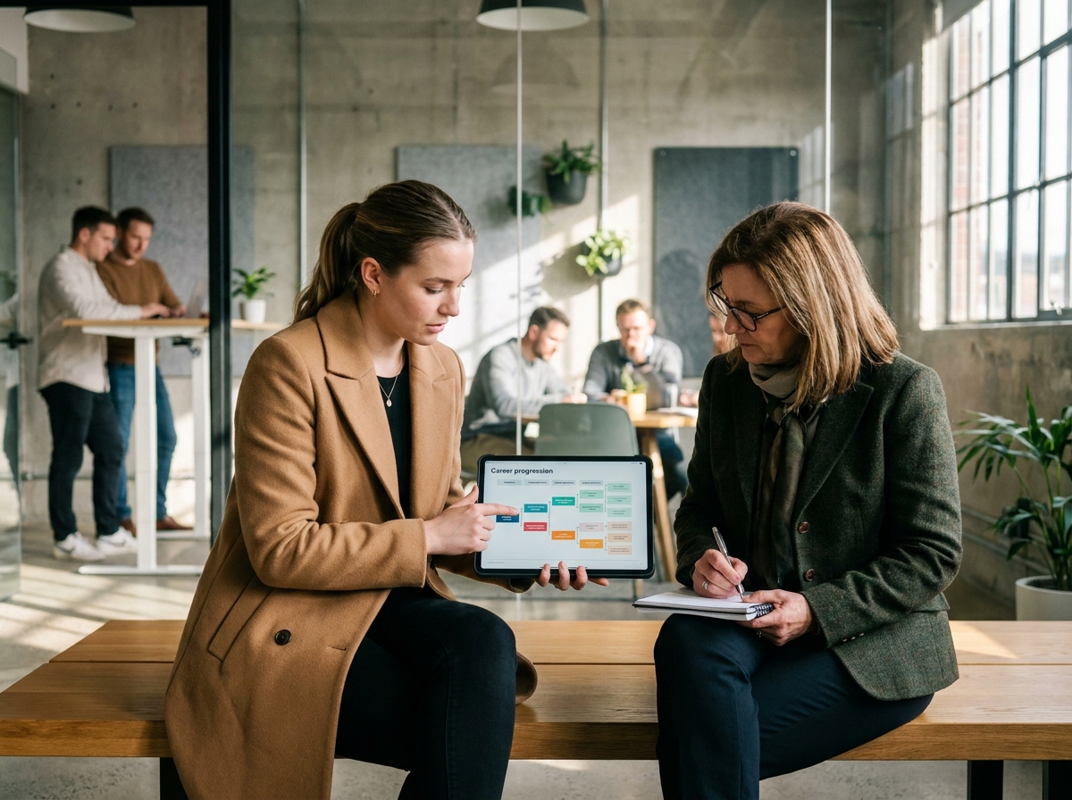 Deux femmes collaborant sur un bilan de parcours professionnel dans un espace de coworking moderne avec tablette numérique