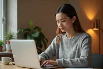 Femme activant son espace personnel sur une plateforme en ligne depuis un bureau à domicile