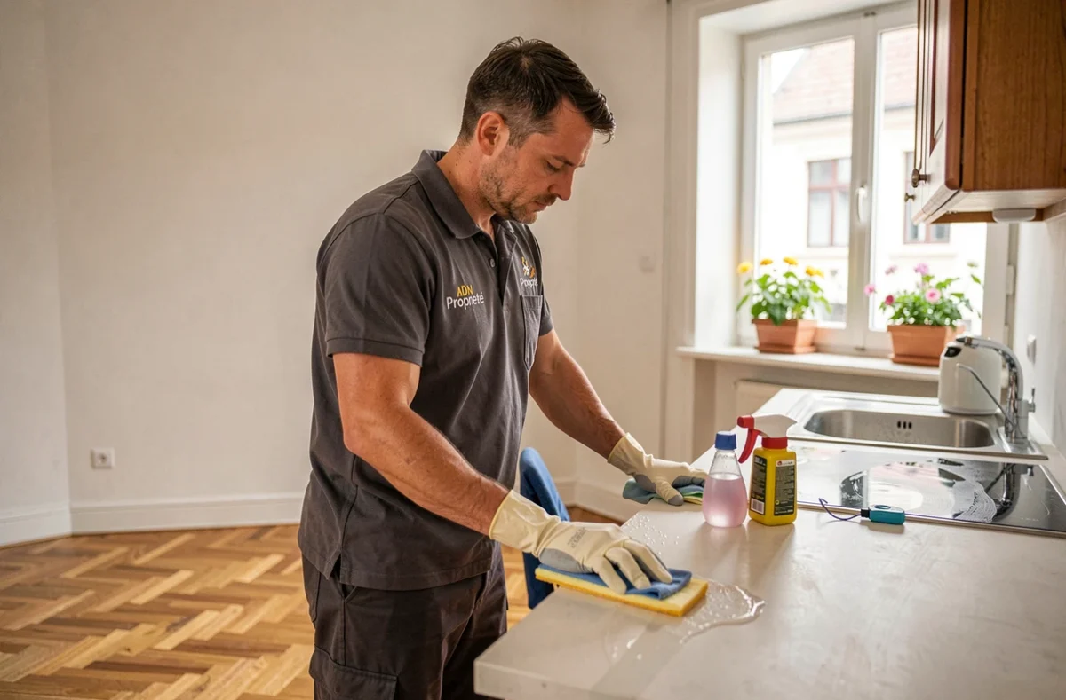 Agent ADN Propreté effectuant un nettoyage de fin de bail dans un appartement vide à Strasbourg