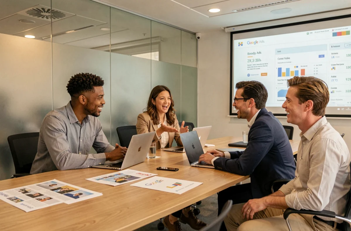 Équipe de l'agence NEWP en Maine-et-Loire en réunion stratégique autour de campagnes Google Ads dans une salle de conférence moderne