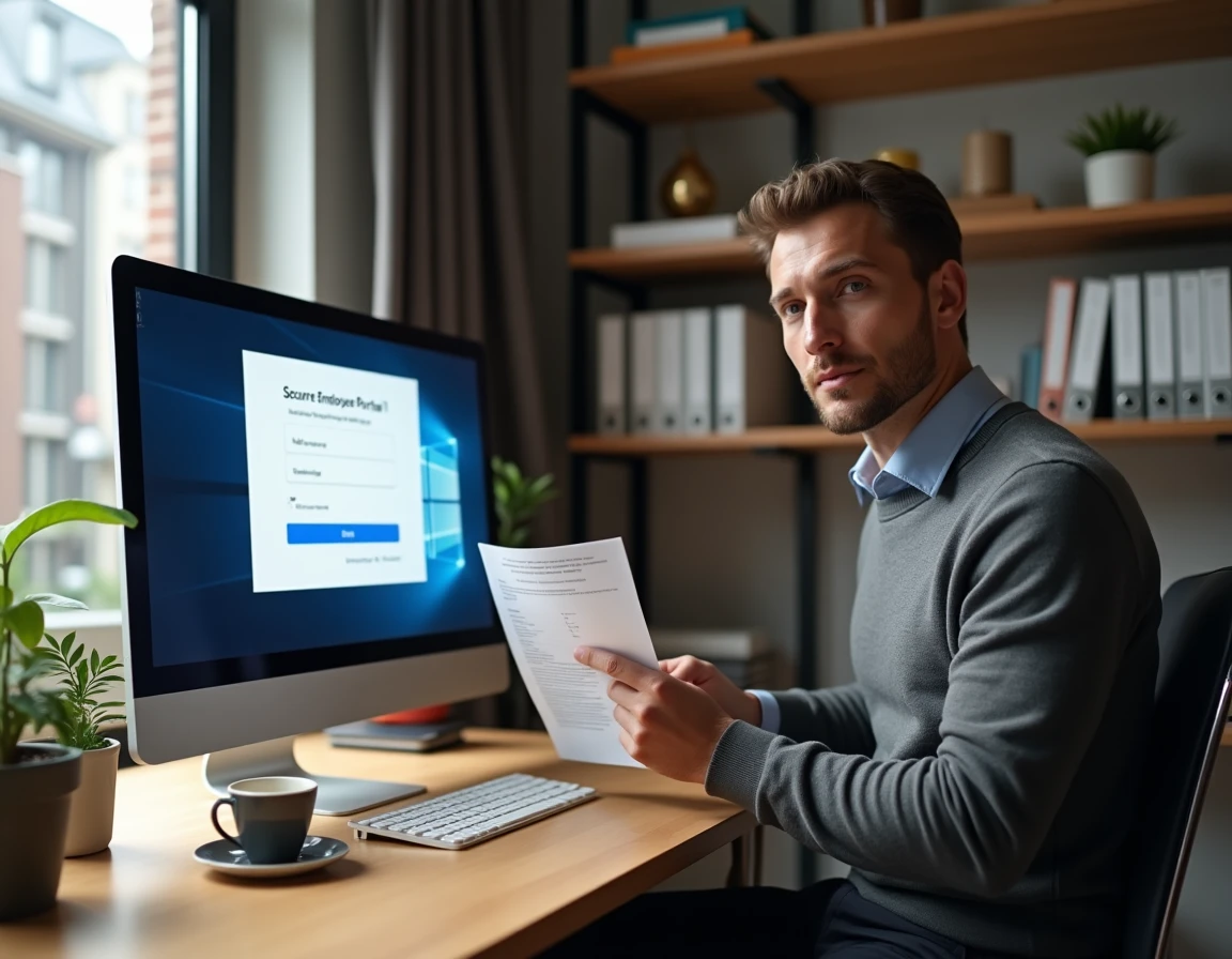Agent La Poste consultant le guide de connexion GTm extranet depuis son bureau à domicile