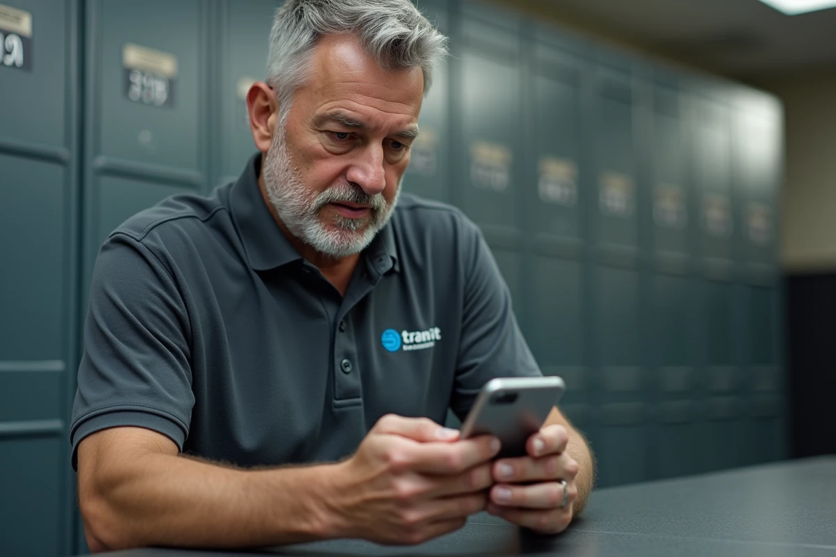 Agent RATP consultant ses bulletins de paie sur smartphone dans la salle de pause