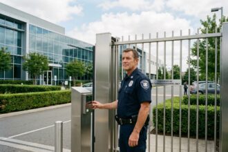 Agent de sécurité professionnel près d'une porte automatique