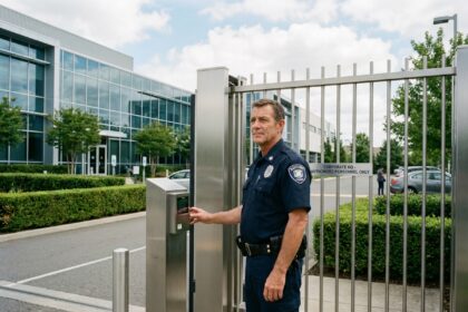 Agent de sécurité professionnel près d'une porte automatique