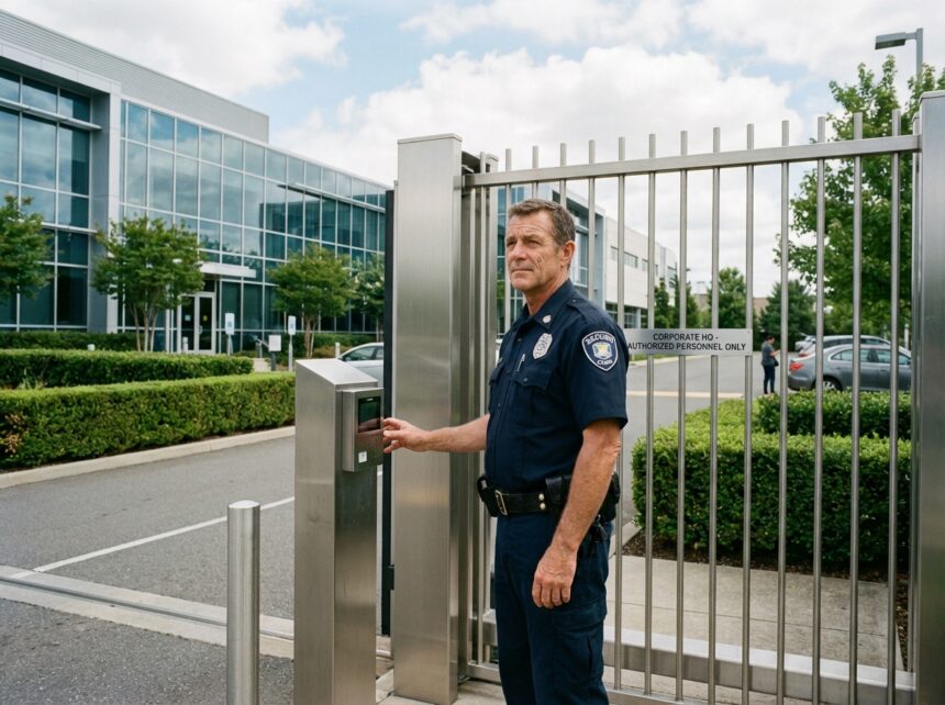 Agent de sécurité professionnel près d'une porte automatique