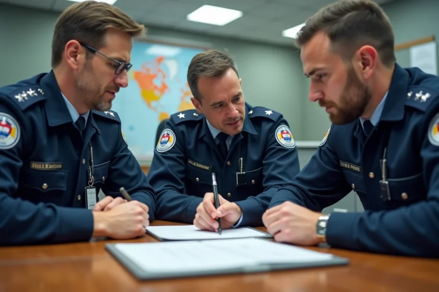 Agents de douane en uniforme examinant des documents