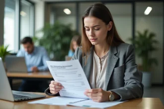 Jeune alternante consultant son bulletin de salaire pour vérifier les cotisations Urssaf de son employeur