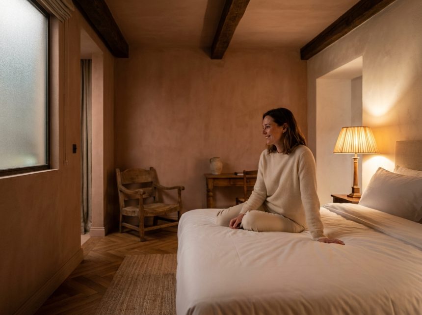 Chambre d'hôtel chaleureuse avec lampe de chevet et cliente satisfaite assise sur le lit en lin blanc