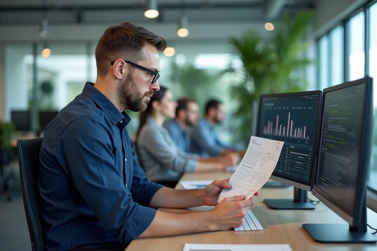 Homme en entreprise analysant les heures travaillées sur son bulletin de salaire face à un écran d'ordinateur