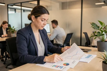 Femme professionnelle analysant des rapports de prospection commerciale avec indicateurs de performance à son bureau