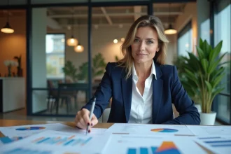 Professionnelle analysant les rapports ROI d'une campagne B2B dans un bureau moderne