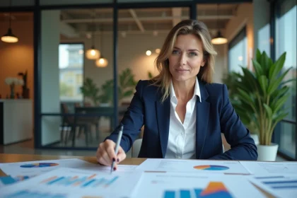 Professionnelle analysant les rapports ROI d'une campagne B2B dans un bureau moderne