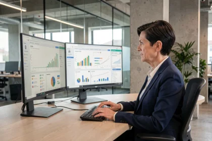 Analyste data femme examinant des tableaux de bord BI et des indicateurs de conformité RGPD sur deux écrans dans un bureau moderne