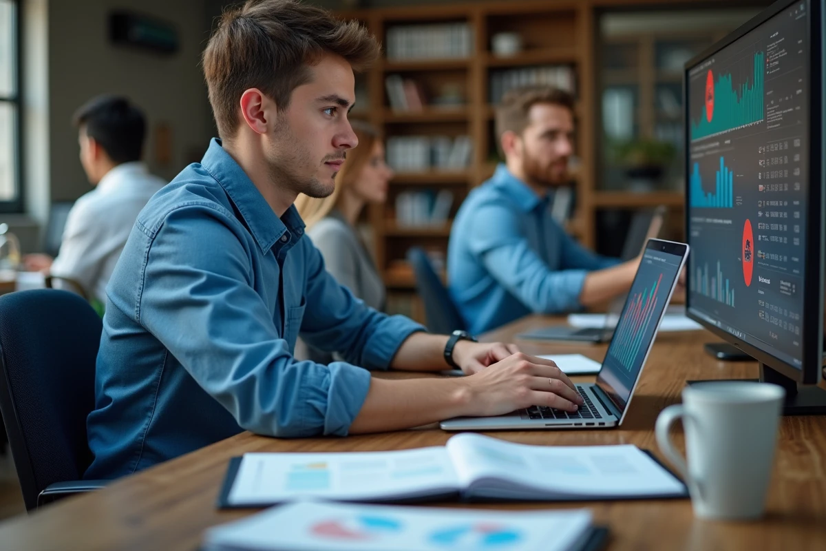 Jeune analyste étudiant des chiffres sur son ordinateur