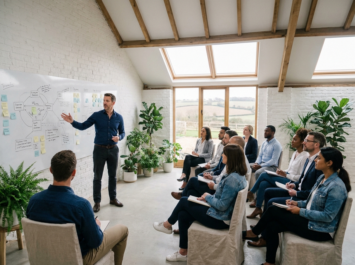 Animateur de séminaire présentant un atelier devant une équipe attentive dans une grange réaménagée en salle de conférence à la campagne