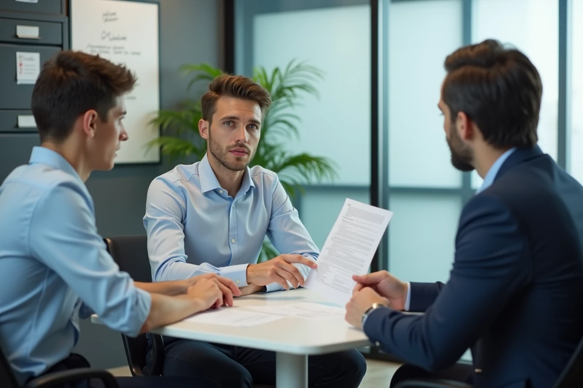 Apprenti en entretien avec un responsable RH pour comprendre ses droits et cotisations patronales à l'Urssaf