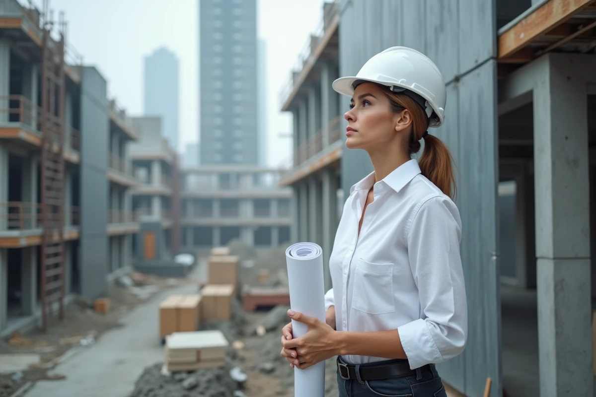 Architecte femme sur chantier examinant un panneau de façade préfabriqué, valorisation de projet technique avec Coanu