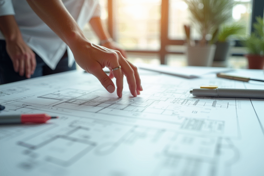 Mains d'architecte ajustant un plan technique lumineux