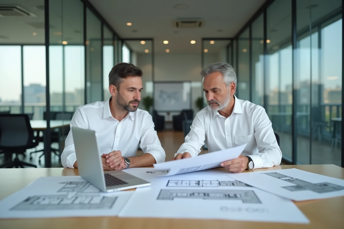 Deux architectes en réunion consultant des fiches techniques et un modèle 3D, collaboration avec Coanu pour projets architecturaux
