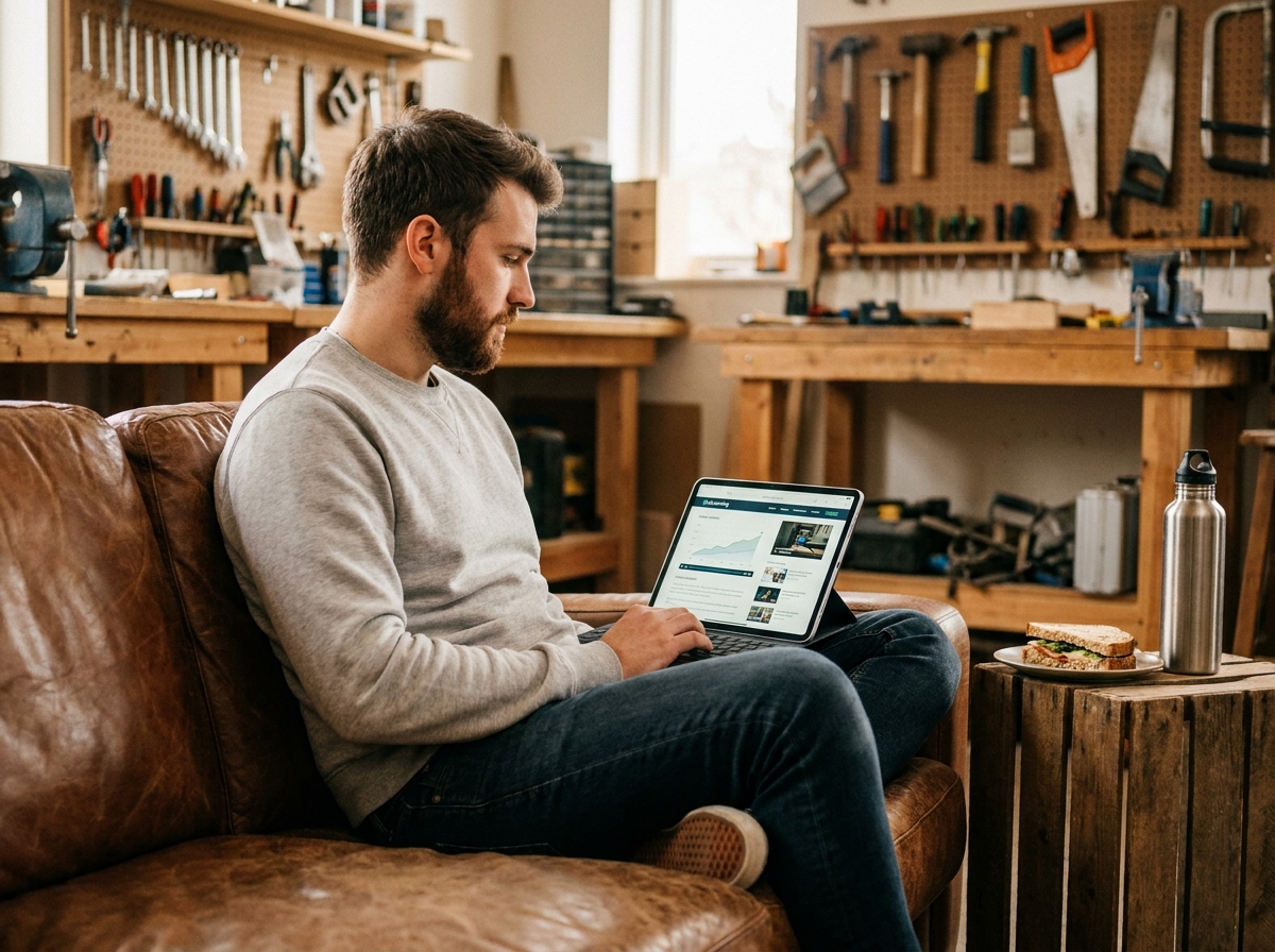 Artisan en autoformation sur tablette pendant sa pause dans un atelier artisanal