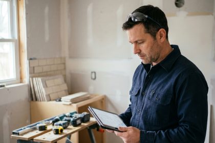 Artisan du bâtiment consultant une plateforme en ligne sur tablette dans un chantier de rénovation de cuisine