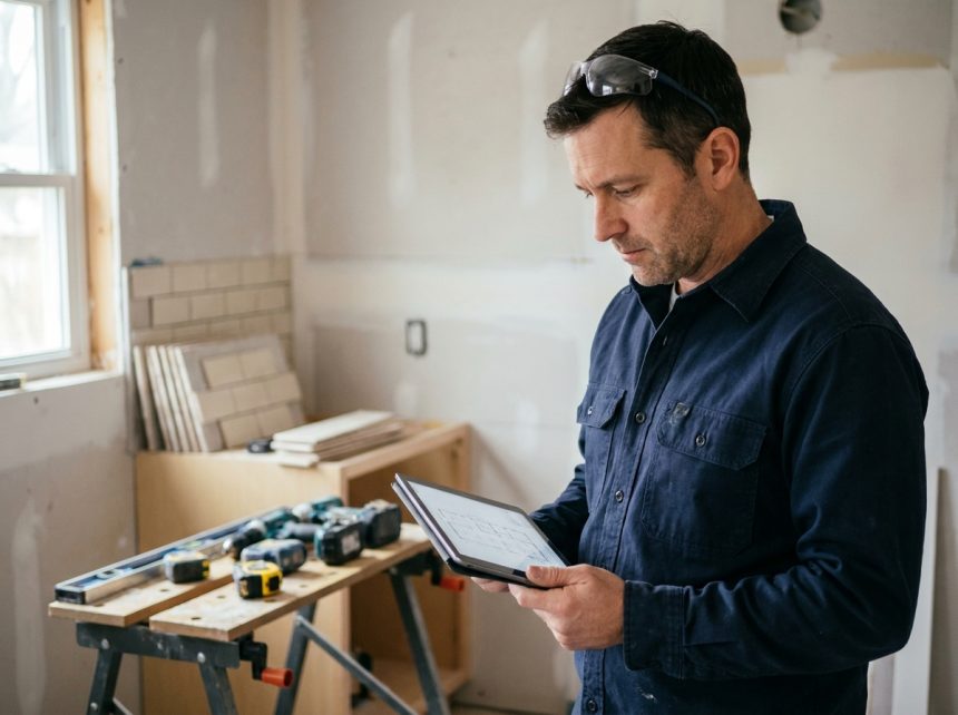 Artisan du bâtiment consultant une plateforme en ligne sur tablette dans un chantier de rénovation de cuisine