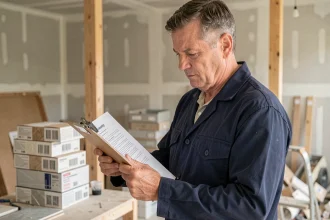 Artisan du bâtiment examinant un devis de travaux dans une cuisine en cours de rénovation
