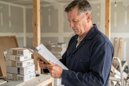 Artisan du bâtiment examinant un devis de travaux dans une cuisine en cours de rénovation