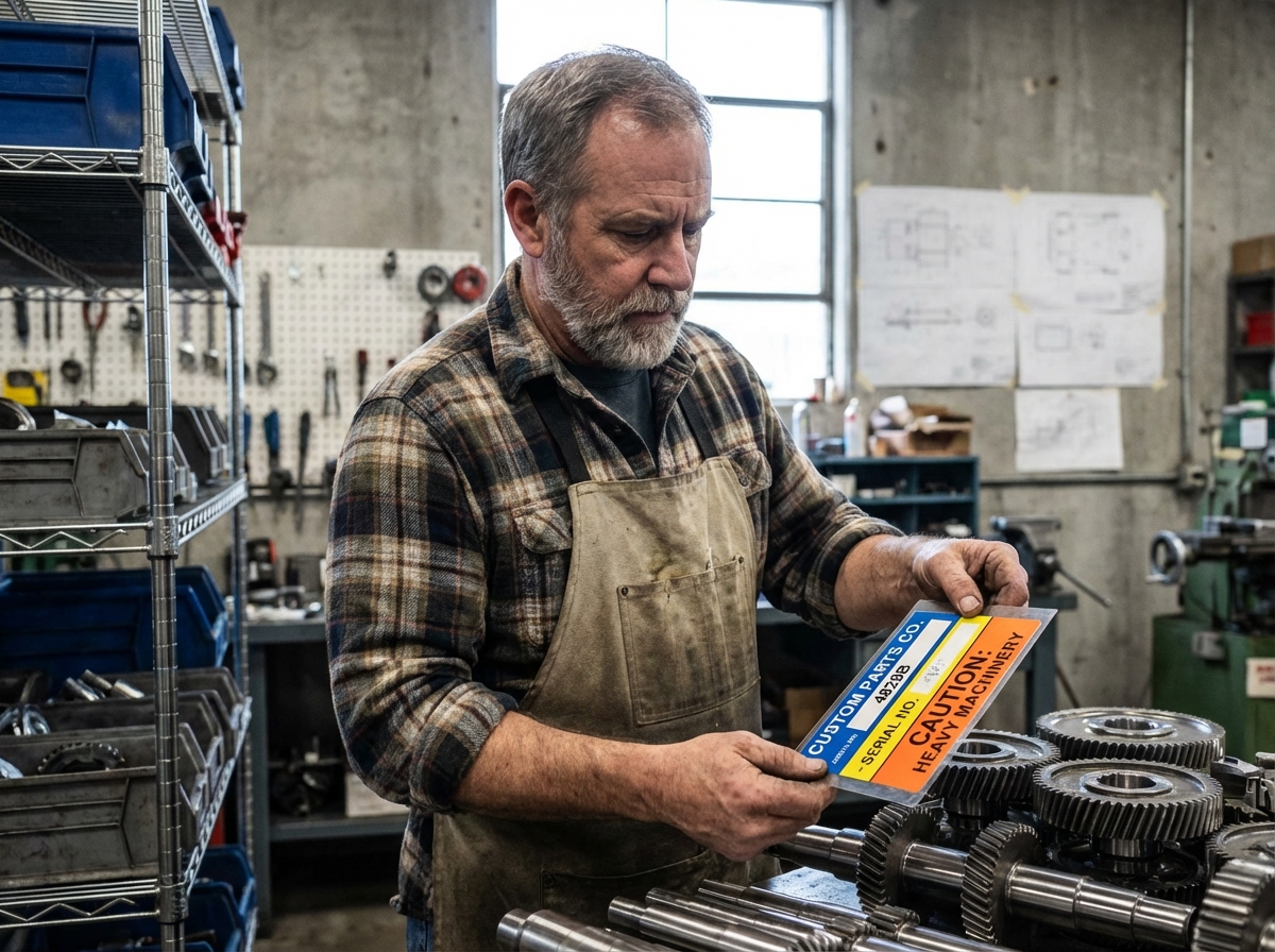 Artisan homme examinant une étiquette dans un atelier industriel