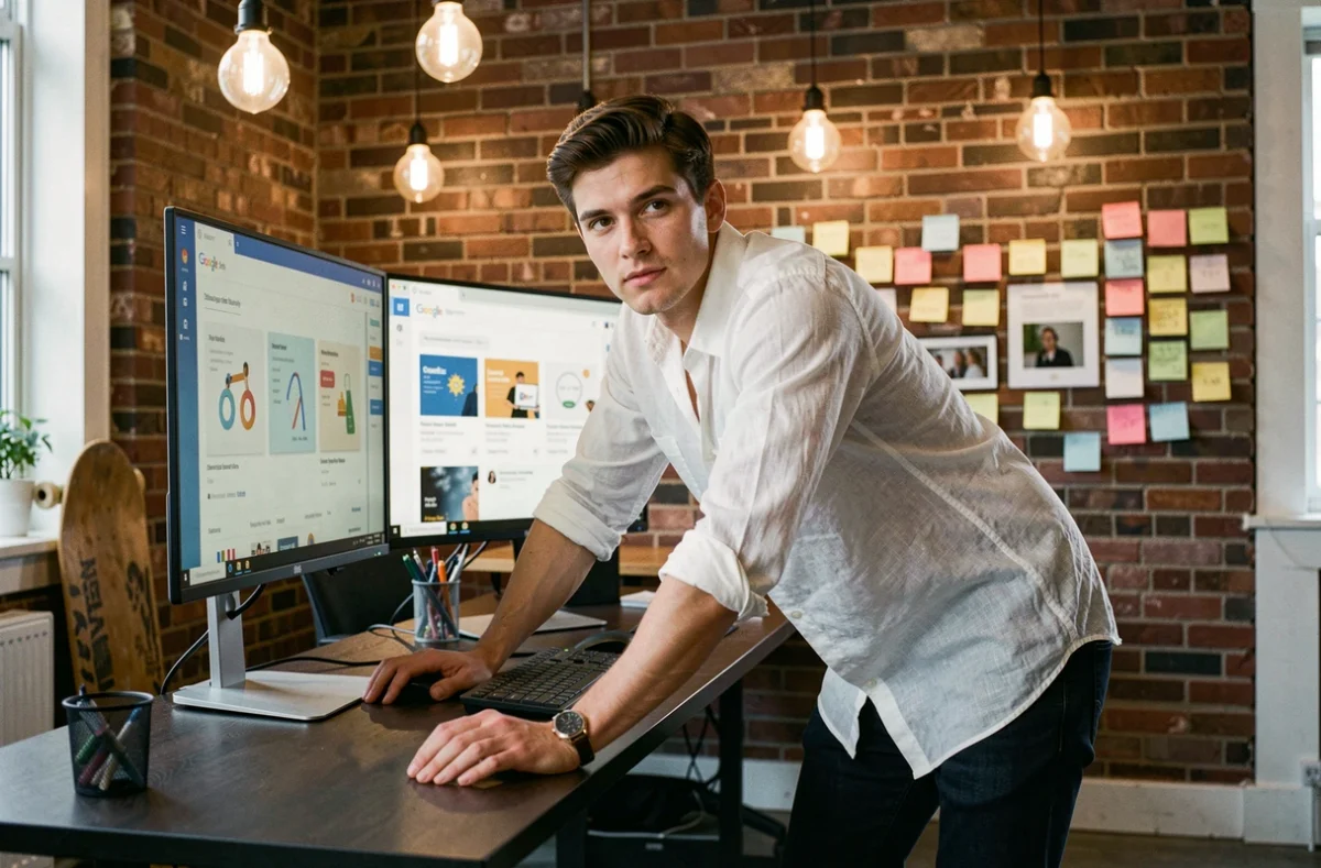 Directeur créatif de l'Atelier Asap en Maine-et-Loire travaillant sur des campagnes Google Ads dans un studio au style startup moderne
