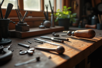 Plan rapproché d'un établi de bijoutier avec outils essentiels