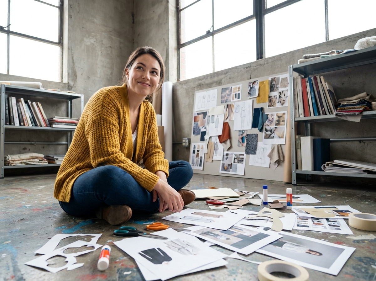 Jeune créatrice assise au sol entourée de maquettes de flyers découpés dans un atelier de design industriel