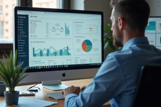 Professionnel analysant des données SEO sur un grand écran