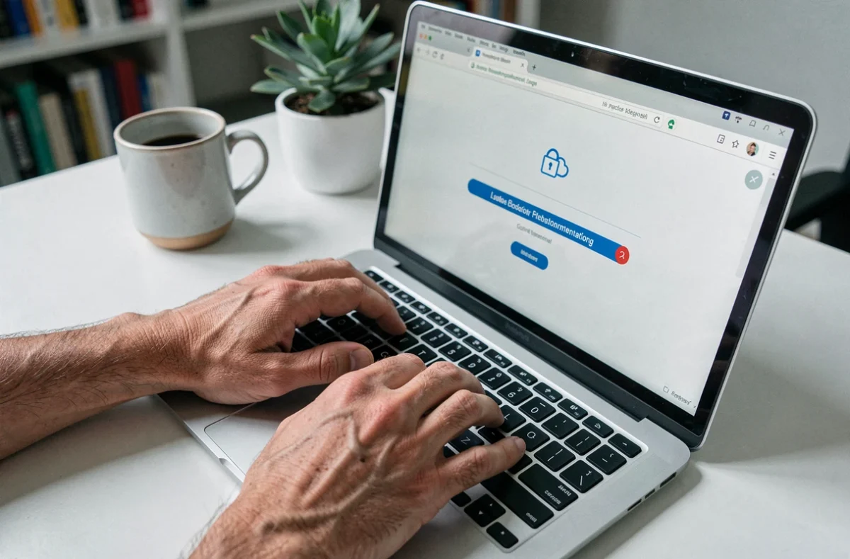 Mains tapant sur un ordinateur portable avec authentification double facteur sur une plateforme cloud professionnelle