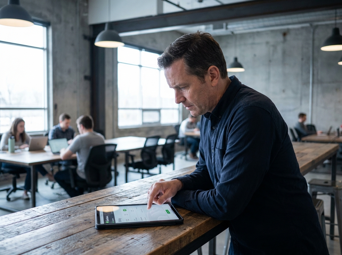 Auto-entrepreneur consultant sa facturation électronique sur tablette dans un espace de coworking moderne