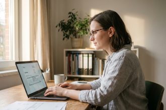 Auto-entrepreneuse gérant sa facturation dématérialisée sur ordinateur dans son bureau à domicile