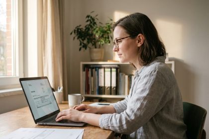 Auto-entrepreneuse gérant sa facturation dématérialisée sur ordinateur dans son bureau à domicile