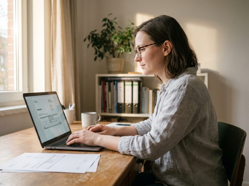 Auto-entrepreneuse gérant sa facturation dématérialisée sur ordinateur dans son bureau à domicile