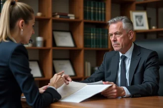 Homme d'affaires en costume sombre en discussion avec son avocat