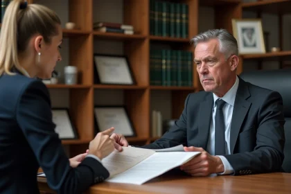 Homme d'affaires en costume sombre en discussion avec son avocat