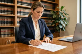 Avocate analysant un contrat de travail avec mentions obligatoires dans son bureau juridique