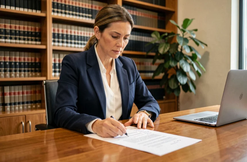 Avocate analysant un contrat de travail avec mentions obligatoires dans son bureau juridique