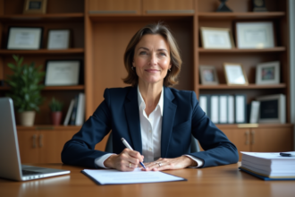 Femme d'âge moyen signant des documents dans un bureau moderne